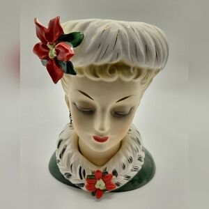 Vtg 1961 Inarco Blonde Girl Christmas Head Vase Earrings Hat Poinsettia VGVC